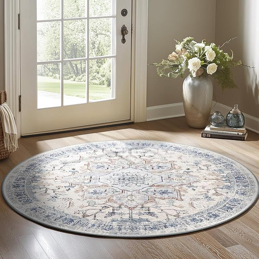 BESTSWEETIE 4ft Area Rug Washable Rugs for Living Room, No Pile Boho Carpet for Entryway Bedroom Dinning Room, Vintage Carpet Print Distressed Non-Slip, 48" Round, Beige Blue