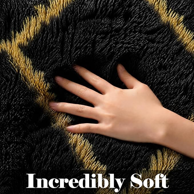 ONASAR 5x7 Area Rugs for Living Room Bedroom, Fluffy Black and Gold Faux Fur Rug, Geometric Boho Soft Plush Shaggy Floor Carpet Mat for Nursery Kids Girls Boys Teen Dorm Home Office Decor