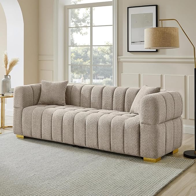 VANOMi 90.94”Cloud Sofa Couch, Modern Deep Seat Boucle Sofa, Oversized Upholstered 3-Seater Comfy Couch Loveseat for Living Room, Bedroom, Office, Apartment, Camel (1 Piece)