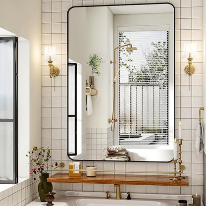 Easly 30 x 48 Inch Bathroom Mirror, Rounded Rectangular Vanity Mirror for Wall, Modern Mirror for Room Decor, Black Framed Wall-Mounted Mirrors for Home Decor, Hangs Horizontally or Vertically