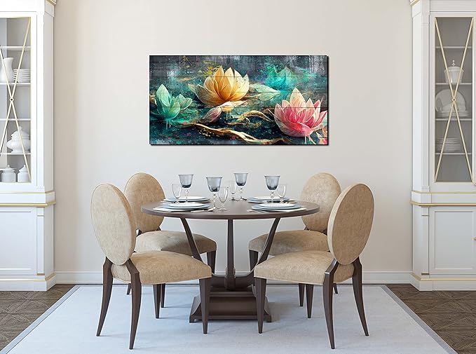 GUGIKA Lotus Flower Wall Art for Living Room, Floral Canvas Wall Decor for Bedroom, Teal Vintage Print Painting, Colorful Artwork for Home, Aesthetic Picture Decoration, Size 40x20