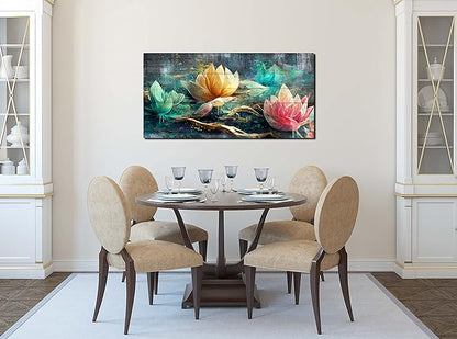 GUGIKA Lotus Flower Wall Art for Living Room, Floral Canvas Wall Decor for Bedroom, Teal Vintage Print Painting, Colorful Artwork for Home, Aesthetic Picture Decoration, Size 40x20