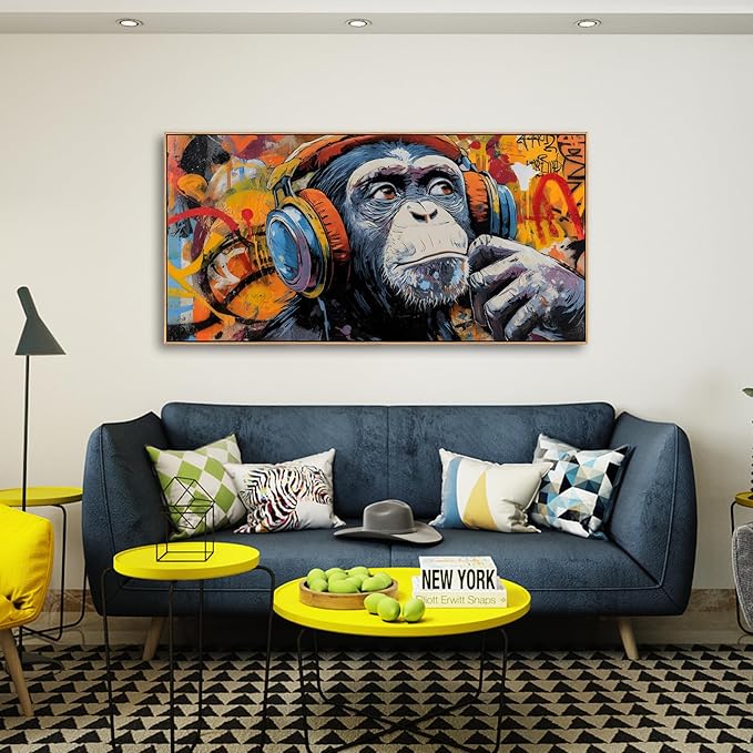 Sorbrozo Funky DJ Gorilla Street Art Print - Vibrant Graffiti Canvas Wall Art with Headphones Music Themed Decor for Boys Bedroom, Man Cave Urban Home & Office 24x48 in