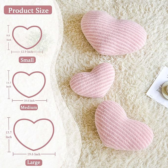 XVTRU Dusty Pink Heart Pillows, 12.9" Cute Heart Decorative Pillow, Stripe Heart Shaped Plush Throw Pillows for Bed