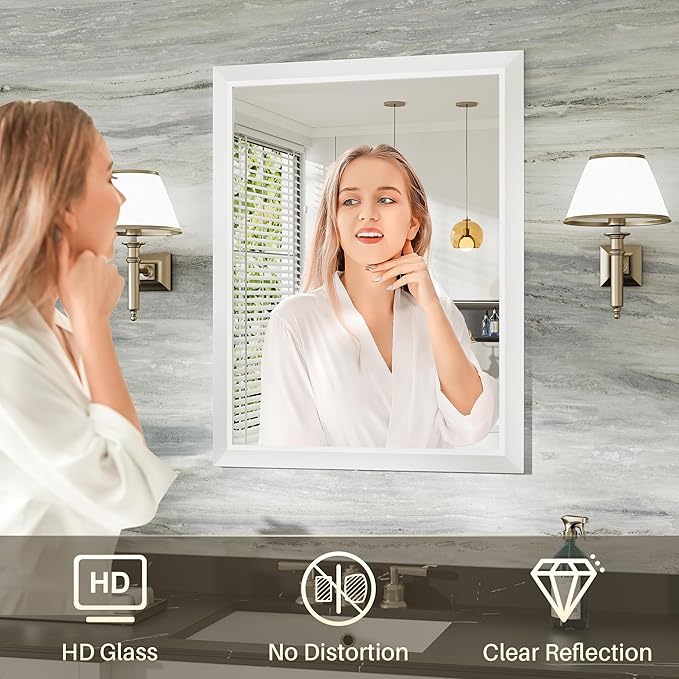 22x30 Inch White Bathroom Mirror for Wall, Thick Metal Framed Rectangle Mirrors for Over Sink, Bedroom, Living Room, Entryway, Anti-Rust, HD Tempered Glass