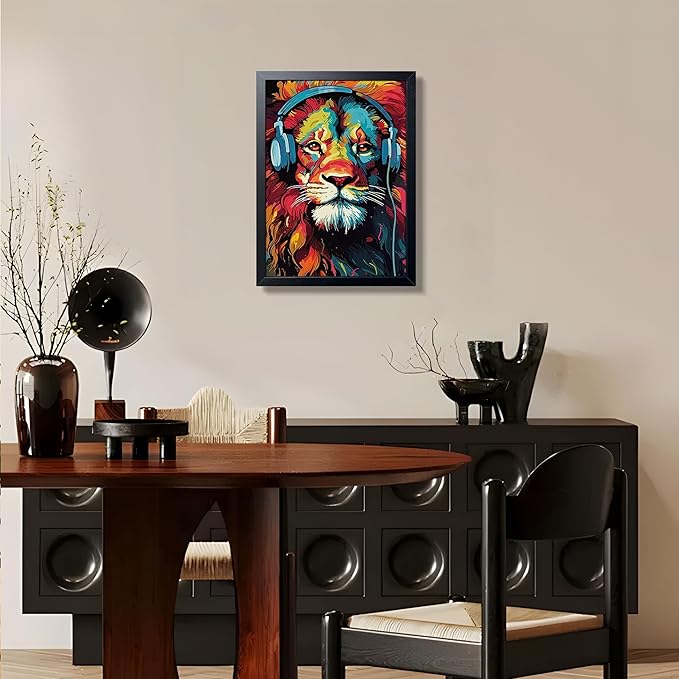 Colorful Lion Wall Art Framed Canvas Print, Lion Wearing Headphones Pop Art Animal Poster, Vibrant Graffiti Music King Wall Decor Painting for Living Room Bedroom Boys Room Home Decor 12x16 Inch