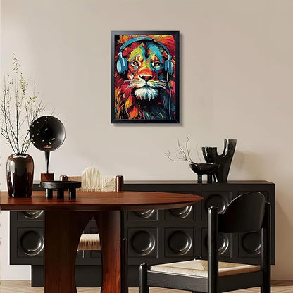 Colorful Lion Wall Art Framed Canvas Print, Lion Wearing Headphones Pop Art Animal Poster, Vibrant Graffiti Music King Wall Decor Painting for Living Room Bedroom Boys Room Home Decor 12x16 Inch