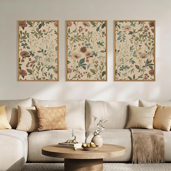 Aryroi Vintage Neutral Floral Earth Tone Botanical Framed Canvas Wall Art Set,Boho Abstract Classic Wildflower Aesthetic Wall Decor,Mid Century Modern Flower Artwork for Living Room Office- 24"x36"x3