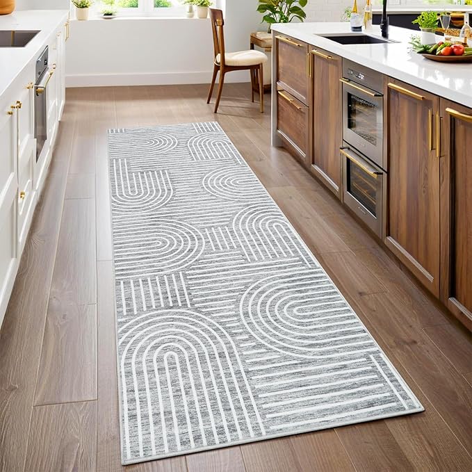 ROYHOME Modern Rug 2.5x10 Runners for Hallways, Abstract Kitchen Runner Rugs Non Slip Bath Mat, Rainbow Washable Runner Rug for Bedroom, Soft Long Rugs for Entryway Bathroom Laundry Dorm, Ash