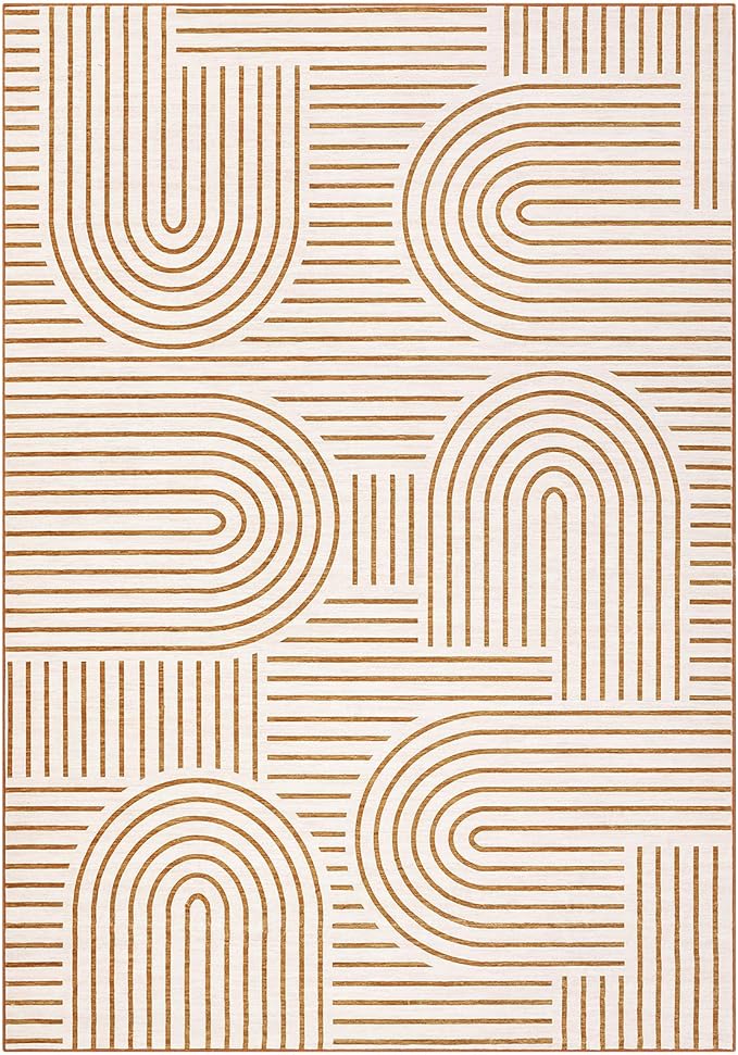 ROYHOME Washable Rug 5x7 Area Rugs for Living Room, Abstract Rug for Bedroom, Soft Rainbow Non Slip Throw Rugs with Rubber Back, Low Pile Stain Resistant Boho Geometric Carpet for Dining Room,Orange