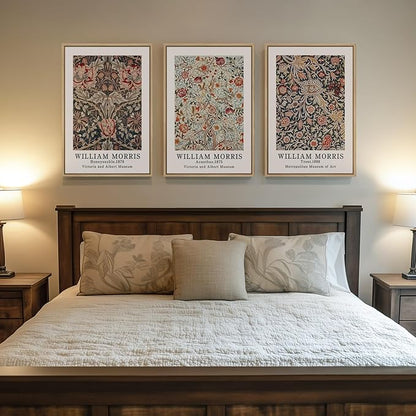 Framed Vintage William Morris Canvas Wall Art Set of 3, Large Retro Floral Artwork Prints, Rustic Farmhouse Botanical Aesthetic Wall Decor for Living Room, Bedroom, Hallway, Office, Total Size 30x60