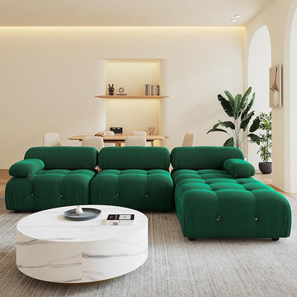 104'' Modular Green Sectional Couch, L-Shaped Velvet Bubble Couch with Reversible Chaise Ottoman, Modern Sectional Couches for Living Room, Apartment (3 Seats, 1 Ottoman, Green)