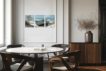 TutuBeer 3 Pcs Coastal Bathroom Canvas Wall Art Nautical Boat on Beach Canvas Picture Ocean Seagull Seascape Prints for Wall Sea Bird Farmhouse Artwork for Bedroom Living Room Decor Each Panel 16"x24"