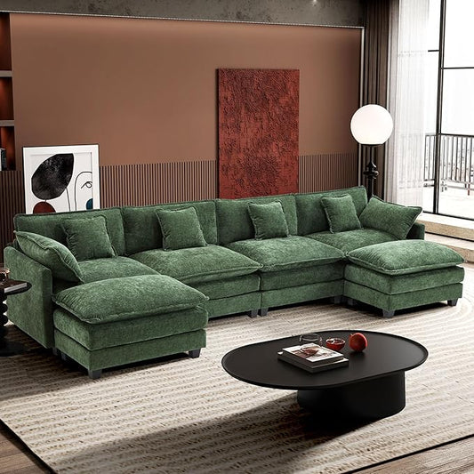 Ihanherry 146" U-Shaped Modern Sofa Modular Sectional Cloud Couch with 2 Ottoman, 6-Seat Chenille Deep Seat Sofa with 6 Pillows for Living Room, Bedroom and Apartment, Green