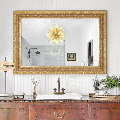 Chende Decorative Wall Mirror with Leaves Wood Frame, 41" L x 29" W Gold Ornate Mirror for Wall Decor, Elegant Rectangular Mirror for Living Room Bathroom Bedroom Fireplace Mantle