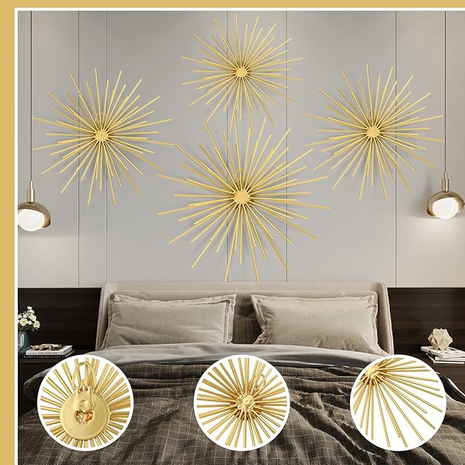Shimeyao 4 Pcs Metal Starburst Wall Decor Gold Metal Wall Art 3D Spike Bling Finish Star Burst Hangings Accents Sculptures Set Modern Mid Century Decorations for Living Room Bedroom Entryway