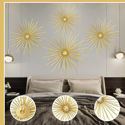 Shimeyao 4 Pcs Metal Starburst Wall Decor Gold Metal Wall Art 3D Spike Bling Finish Star Burst Hangings Accents Sculptures Set Modern Mid Century Decorations for Living Room Bedroom Entryway