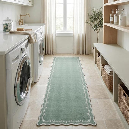 GarveeHome 2.5x8 Scalloped Washable Runner Rug for Kitchen, Soft Green Long Hallway Runner Non Slip Entryway Rug Farmhouse Thin Laundry Mat Stain Resistant Carpet for Bathroom Beside Rug