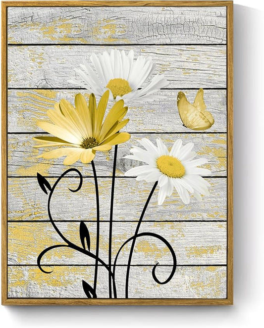 HVEST Yellow Floral Framed Wall Art for Bathroom, Rustic Daisy Butterfly on Rustic Wood Canvas Wall Art Nature Plant Flower Pictures for Bedroom Living Room Office Wall Decor, 17L X 12W inches