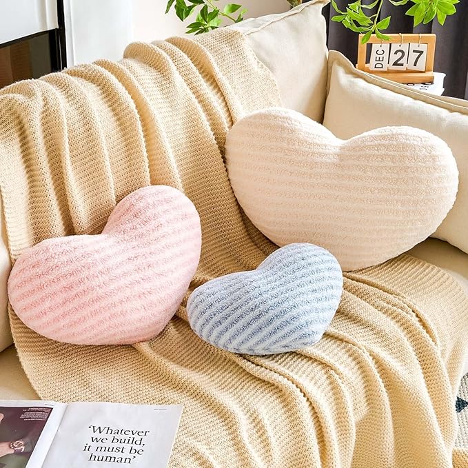 XVTRU Pink Heart Pillows, 15.7" Cute Heart Decorative Pillow, Stripe Heart Shaped Plush Throw Pillows for Bed