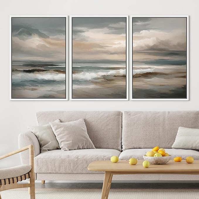 SIGNLEADER Framed Canvas Print Wall Art Set Coastal Ocean Waves Neutral Seascape Abstract Illustrations Modern Art Boho Decorative for Living Room, Bedroom, Office - 24"x36"x3 WHITE
