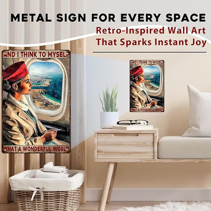 Travel Enthusiast Tin Plaque Rustic Wall Art Vintage Airplane Decor What A Wonderful World 8x12inch