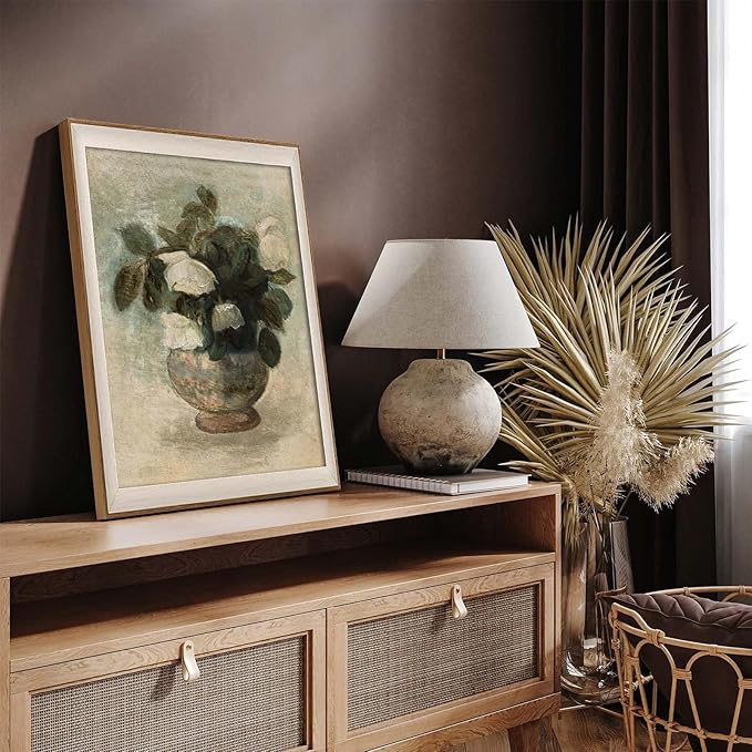 Uniro Vintage Floral Wall Art Framed, Neutral Flower Still Life Oil Painting, White Roses Canvas Prints Artwork with Antique Frame, Farmhouse Wall Decor for Bedroom, Kitchen, Shelf, Bathroom Wall Decor, Cottagecore Room Decor - 12x16Inch