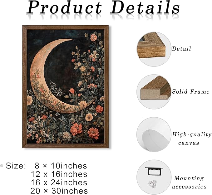 JLTULT Framed Vintage Floral and Moon Canvas Wall Art, Dark Mystical Celestial Floral Wall Decor, William Morris Gothic Prints Artwork for Bedroom Living Room Office Decoration 20x30 inch Easy to Hang