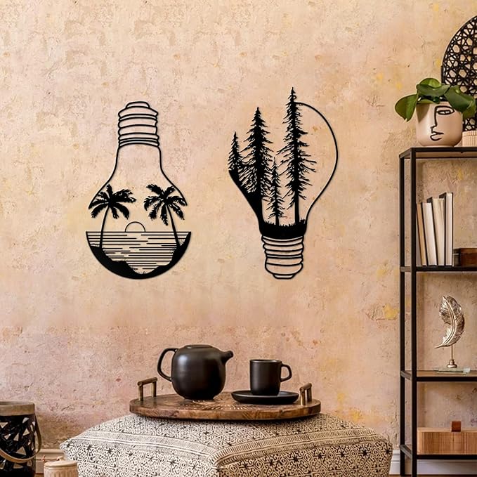 ESTART Metal Pine Tree Wall Art, Metal Bulb Wall Decor, Nature Rustic Farmhouse Cabin Decor, Forest Wall Art for Home Living Room Bedroom Office Indoor and Outdoor Decoration (Black)
