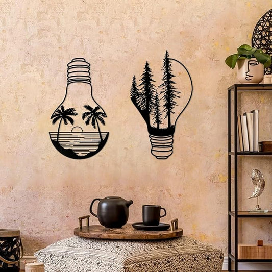 ESTART Metal Pine Tree Wall Art, Metal Bulb Wall Decor, Nature Rustic Farmhouse Cabin Decor, Forest Wall Art for Home Living Room Bedroom Office Indoor and Outdoor Decoration (Black)