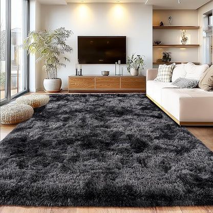 Tie-Dyed Black Grey Shaggy Rugs Fluffy Carpets, Indoor Modern Plush Area Rugs for Living Room, Upgrade Anti-Skid Area Rug, 10x14 Feet Fuzzy Rug for Nursery Home Decor
