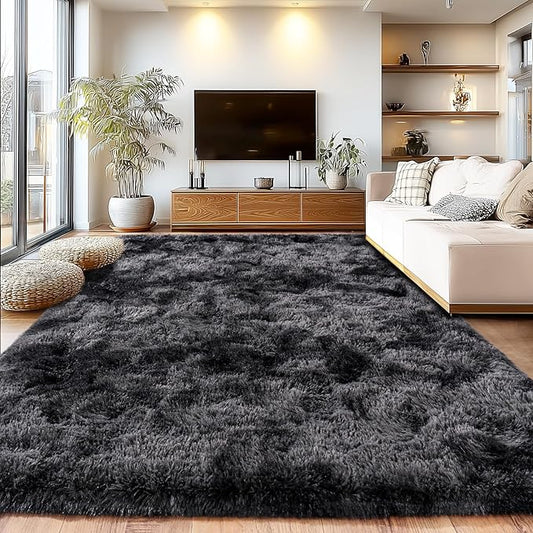 Tie-Dyed Black Grey Shaggy Rugs Fluffy Carpets, Indoor Modern Plush Area Rugs for Living Room, Upgrade Anti-Skid Area Rug, 10x14 Feet Fuzzy Rug for Nursery Home Decor