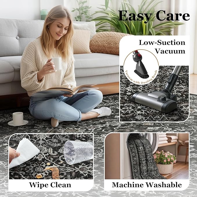 Dark Big Rug 10x12, Vintage Carpet Large Size 10x12 for Living Room Bedroom, Washable Non Slip Low Pile Thin Room Rug for Dining Room Family Room, Farmhouse Earth Tone Midnight