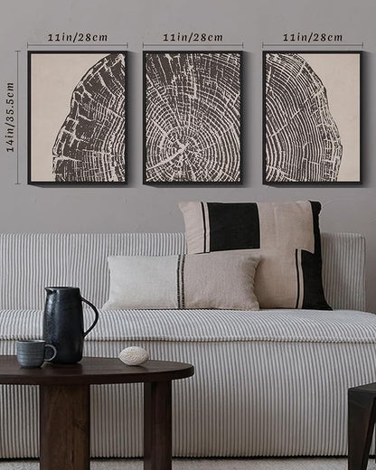 PHOPAGO Farmhouse Vintage Framed Wall Art Set Gray Wood Tree Ring Spirals Nature Abstract Drawings Rustic Modern Art Decor for Living Room Bedroom - 11x14in Black Framed