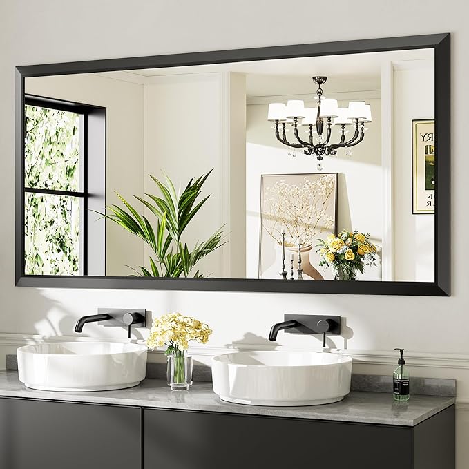 Briivue 72x36 Inch Black Bathroom Mirror for Wall, Thick Metal Framed Rectangle Mirrors for Over Sink, Bedroom, Living Room, Entryway, Anti-Rust, HD Tempered Glass