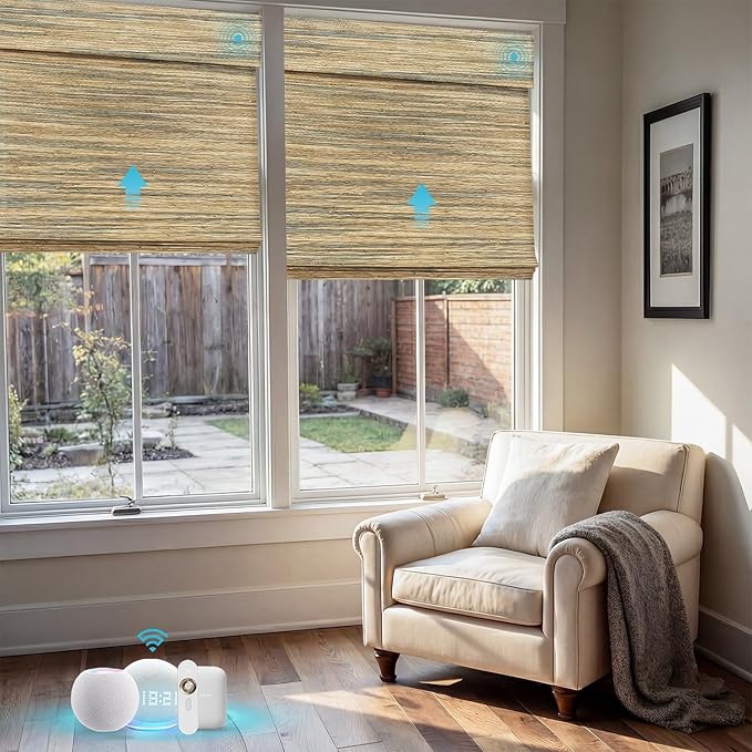 Motorized Bamboo Roman Shades, Motorized Blinds with Remote Compatible with Homekit, Alexa GoogleHome, Smart Wood Woven Shades for Indoor Windows, Customize, Desert Thatch