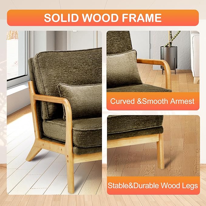 MALOL Accent Chair with Solid Wood Frame, Mid-Century Relaxing Armchair Lumbar Pillow& Soft Cushion, Reading Leisure Chair for Living Room, Bedroom, Waiting Room-Green