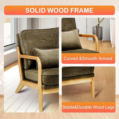 MALOL Accent Chair with Solid Wood Frame, Mid-Century Relaxing Armchair Lumbar Pillow& Soft Cushion, Reading Leisure Chair for Living Room, Bedroom, Waiting Room-Green