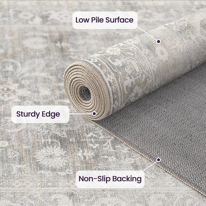DEXI Area Rugs for Living Room, 5x8 Washable Low Pile Vintage Traditional Rug for Bedroom, Non Slip Indoor Carpet for Dining Office Nursery, Light Grey