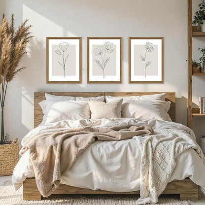 ICHZUMW Neutral Botanical Floral Wall Art, Black and White Farmhouse Flowers Wall Decor, Modern Minimalist Line Art Canvas Prints, Beige Artwork, Living Room Bedroom Home Office, Set of 3, 12x16in