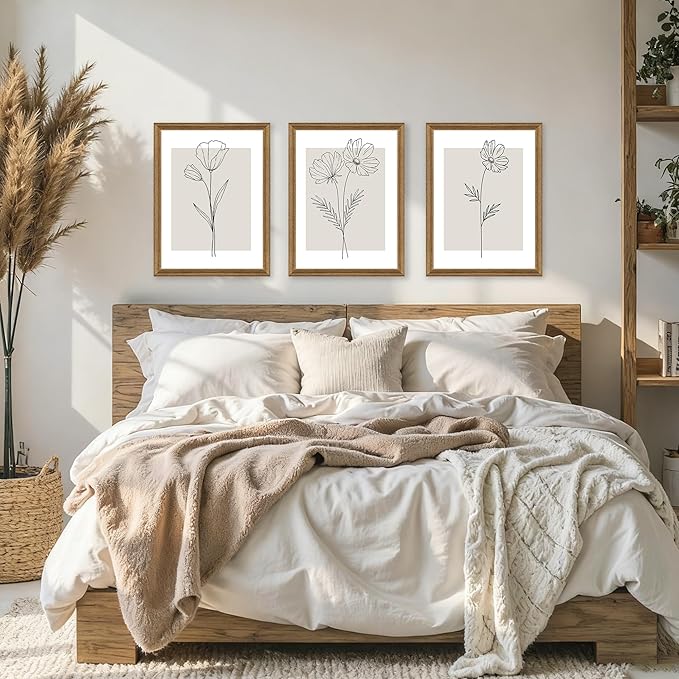 ICHZUMW Neutral Botanical Floral Wall Art, Black and White Farmhouse Flowers Wall Decor, Modern Minimalist Line Art Canvas Prints, Beige Artwork, Living Room Bedroom Home Office, Set of 3, 16x24in