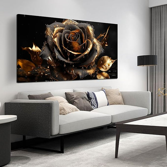 Ouzzlie Rose Picture Art for Living Room Flower Wall Decor Large Black and Gold Wall Art Artwork Floral Canvas Art Home Office 29" x 59"