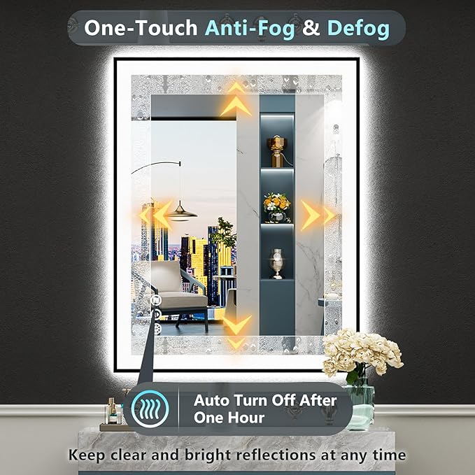 30x36 Black Framed LED Bathroom Mirror with Lights, Backlit and Front Lit Anti-Fog Lighted Vanity Mirrors for Bathroom Wall, Dimmable, 3 Colors, Memory, HD Tempered Glass, Horizontal/Vertical