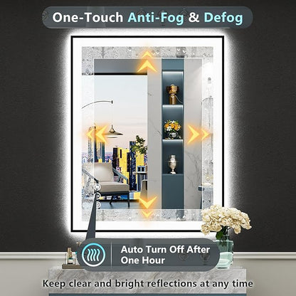 30x36 Black Framed LED Bathroom Mirror with Lights, Backlit and Front Lit Anti-Fog Lighted Vanity Mirrors for Bathroom Wall, Dimmable, 3 Colors, Memory, HD Tempered Glass, Horizontal/Vertical