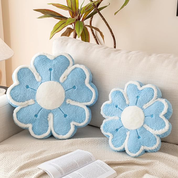 Flower Shaped Decorative Throw Pillow Cushion for Bed Couch, Cute Flower Plush Throw Pillows Home Decor Floor Pillow Seating Cushions (Blue, 17.7 Inches)