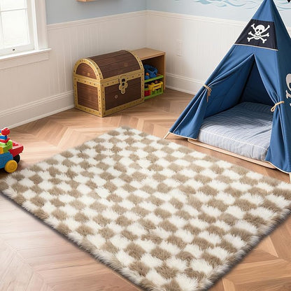 Checkered Rug for Living Room, 6x9 Beige and White Area Rugs, Classic Checkered Carpets Shag Area Rug, Bedside Rugs for Living Room Bedroom Kids Room Home Decor