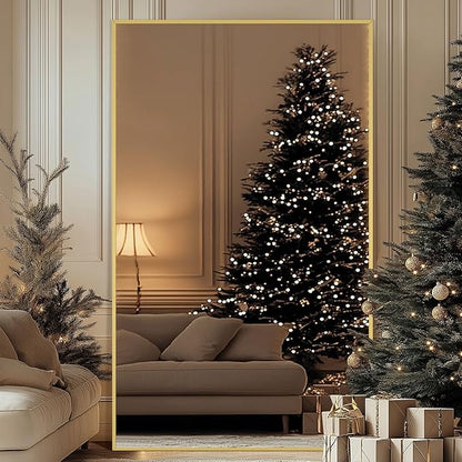 Large Mirror Full Length with Stand, 76"X44" Oversized Floor Mirror Gold Standing Full Length Mirror for Gym Bedroom Living Room Clothing Store, Hanging or Wall Mounted, Tempered Glass