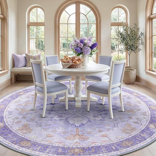 RELEANY Area Rugs Round 8ft Washable Non-Slip, Floral Vintage Distress Print Pattern Medallion Carpet for Living Room Bedroom Dining Room, Light Purple Brown
