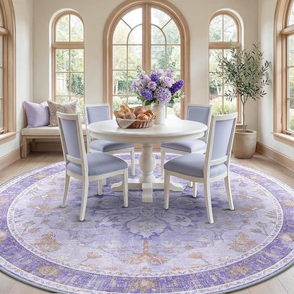 RELEANY Area Rugs Round 10ft Washable Non-Slip, Floral Vintage Distress Print Pattern Medallion Carpet for Living Room Bedroom Dining Room, Light Purple Brown