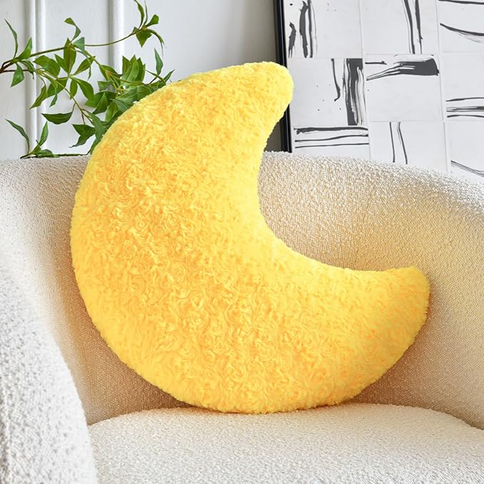 Moon Shaped Pillow with Soft Faux Fur for Couch, Bed, Sofa - Cute Half Moon Pillows with Room Decor for Bedroom, Living Room (14.9 Inches, Yellow)